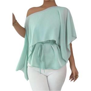 image:imageMakeMeChic Womens Satin Asymmetrical Neck Blouse Silk Cloak Sleeve Belted Dressy TopsGreen