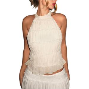 image:imageMakeMeChic Womens Sleeveless Halter Tops Ruffle Summer Boho Crop BlouseApricot