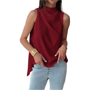 image:imageMakeMeChic Womens Sleeveless Mock Neck Ruched Blouse Tank Tops Summer ShirtBurgundy