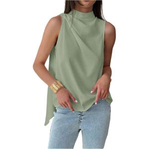 image:imageMakeMeChic Womens Sleeveless Mock Neck Ruched Blouse Tank Tops Summer ShirtGreen
