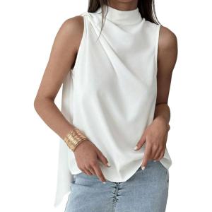 image:imageMakeMeChic Womens Sleeveless Mock Neck Ruched Blouse Tank Tops Summer ShirtWhite