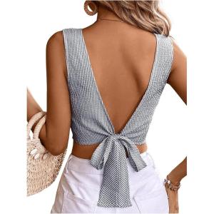 image:imageMakeMeChic Womens Stripe Blouse Shirt Tie Back Crew Neck Sleeveless Crop Top Summer Casual TopsDark Wash