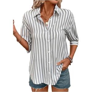 image:imageMakeMeChic Womens Striped Button Down Shirt 34 Sleeve Collared Work Office Blouse TopsGrey