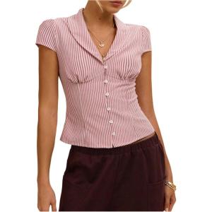 image:imageMakeMeChic Womens Striped Button Down Shirt Cap Sleeve Collared Fitted Blouse TopsMulticolor