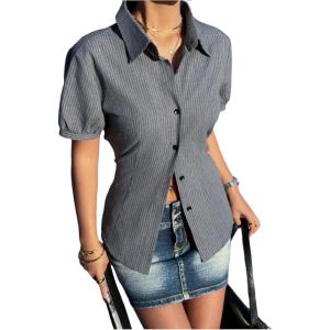 image:imageMakeMeChic Womens Striped Button Down Y2K Shirt Short Sleeve Collared Summer Office BlouseGrey