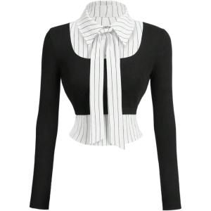 image:imageMakeMeChic Womens Striped Button Front Blouse Long Sleeve Work Crop Tops with TieBlack