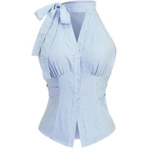 image:imageMakeMeChic Womens Striped Halter Tops Button Down Shirt Tie Ruched Sleeveless Dressy BlouseBlue