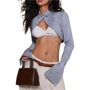 image:imageMakeMeChic Womens Striped Long Sleeve Blouse Button Front Collared Y2K Crop TopsBlue