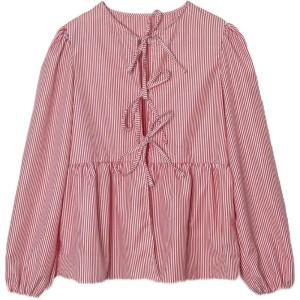 image:imageMakeMeChic Womens Striped Print Tie Front Blouses Long Sleeve Ruffled Hem TopsRed and White