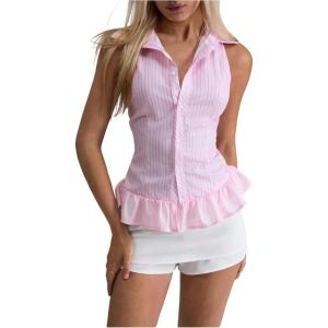 image:imageMakeMeChic Womens Striped Shirt Button Down Sleeveless Ruffle Hem Summer Blouse Collared ShirtsPink