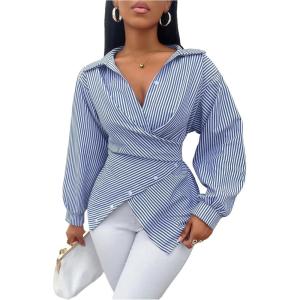 image:imageMakeMeChic Womens Striped Wrap Blouse Top Long Sleeve Asymmetrical Hem Collared Shirt Work TopsBlue