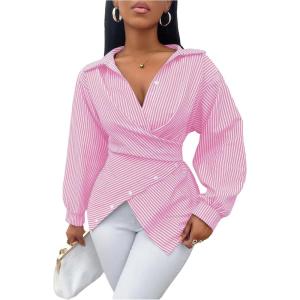 image:imageMakeMeChic Womens Striped Wrap Blouse Top Long Sleeve Asymmetrical Hem Collared Shirt Work TopsPink