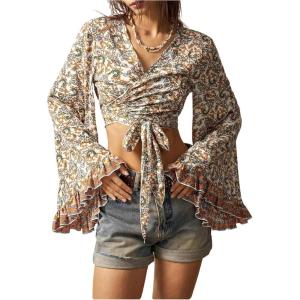 image:imageMakeMeChic Womens Summer Bell Sleeve Floral Tops Wrap V Neck Blouse Tie Front Boho Crop TopsApricot