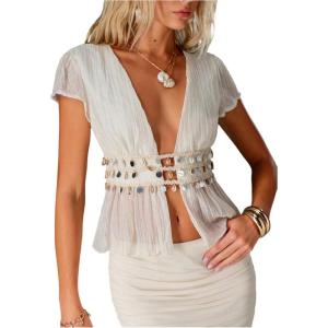 image:imageMakeMeChic Womens Summer Cap Sleeve Blouse Shell Decor Textured Ruffle Hem TopsWhite