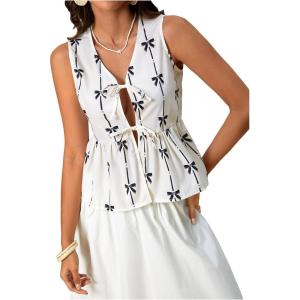 image:imageMakeMeChic Womens Summer Floral Boho Tops V Neck Tie Front Blouse Sleeveless Ruffle Hem ShirtBeige