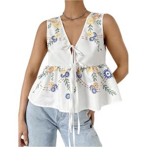 image:imageMakeMeChic Womens Summer Floral Boho Tops V Neck Tie Front Blouse Sleeveless Ruffle Hem ShirtMulticolor