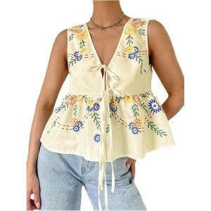 image:imageMakeMeChic Womens Summer Floral Boho Tops V Neck Tie Front Blouse Sleeveless Ruffle Hem ShirtYellow