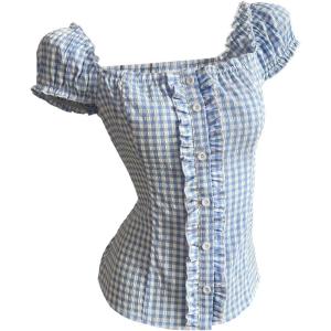 image:imageMakeMeChic Womens Summer Gingham Button Down Shirt Puff Sleeve Square Neck Frill Trim Office Blouse TopBlue