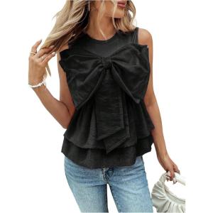 image:imageMakeMeChic Womens Summer Tank Tops Bow Ruffle Tiered Blouse Crew Neck Sleeveless ShirtBlack