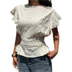image:imageMakeMeChic Womens Summer Tops 2025 Crew Neck Cap Sleeve Blouse Keyhole Back Dressy ShirtApricot