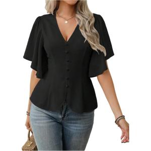 image:imageMakeMeChic Womens Summer Tops Button Down Blouses Dressy Business Casual Outfits V Neck Flare Sleeve Tunic ShirtsBlack
