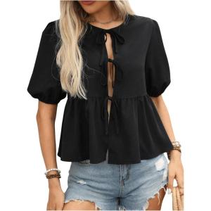 image:imageMakeMeChic Womens Tie Front Lantern Short Sleeve Tops Crew Neck Ruffle Blouse ShirtsBlack