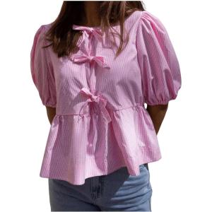 image:imageMakeMeChic Womens Tie Front Lantern Short Sleeve Tops Crew Neck Ruffle Blouse ShirtsPalid Pink