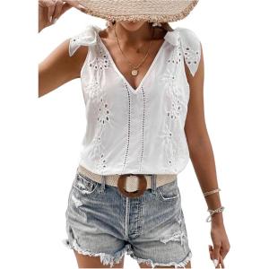 image:imageMakeMeChic Womens Tie Shoulder Blouse Sleeveless Eyelet Embroidery V Neck Boho Casual Summer ShirtWhite