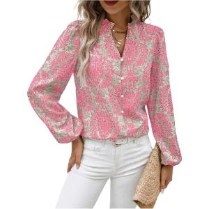 image:imageMakeMeChic Womens Tribal Print Notched Blouse Lantern Sleeve Work Dressy TopsPink