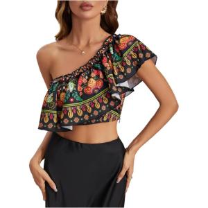 image:imageMakeMeChic Womens Tropical Print One Shoulder Blouse Ruffle Sleeveless Summer Asymmetrical TopsMulticolor