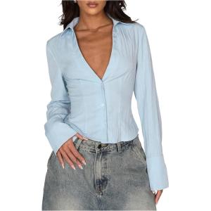 image:imageMakeMeChic Womens V Neck Button Down Shirt Long Sleeve Collared Dressy Blouse TopsBlue