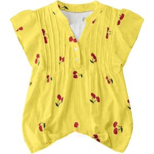 image:imageMakeMeChic Womens Valentines Cherry Print Pleated Blouse Notch V Neck Cap Sleeve Summer Shirt TopsYellow