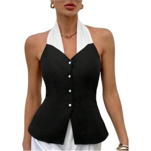 image:imageMakeMeChic Womens Work Colorblock Halter Button Down Shirt Backless Dressy BlouseBlack and White