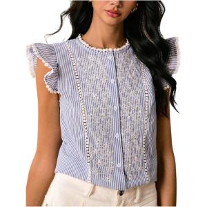 image:imageMakeMeChic Womens Work Office Striped Embroidery Ruffle Sleeve Blouse Crew Neck Button Down ShirtBlue and White