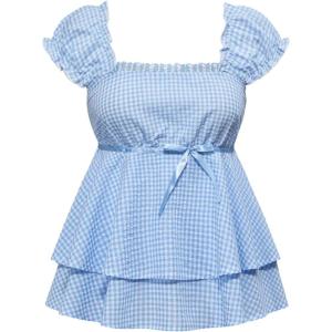 image:imageMakeMeChic Womens Y2K Cute Plaid Gingham Cap Sleeve Blouse Square Neck Tiered Ruffle Shirred TopsBlue