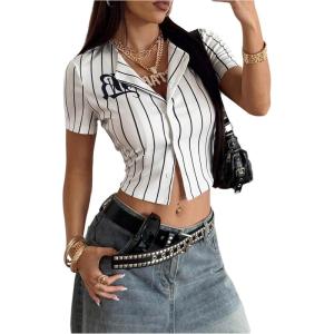 image:imageMakeMeChic Womens Y2k Striped Button Down Shirt Short Sleeve Blouse Crop TopsWhite