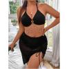 image:imageMakeMeChic Womens Plus Size 3 Piece Halter Ring Tie Backless Bikini Set with Ruched Cover Up SkirtBlack