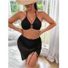 image:imageMakeMeChic Womens Plus Size 3 Piece Halter Ring Tie Backless Bikini Set with Ruched Cover Up SkirtBlack