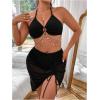 image:imageMakeMeChic Womens Plus Size 3 Piece Halter Ring Tie Backless Bikini Set with Ruched Cover Up SkirtBlack
