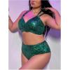image:imageMakeMeChic Womens Plus Size Two Piece Halter Swimsuit Sequin Sparkly Wrap High Waisted Bikini SetsGreen