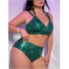 image:imageMakeMeChic Womens Plus Size Two Piece Halter Swimsuit Sequin Sparkly Wrap High Waisted Bikini SetsGreen
