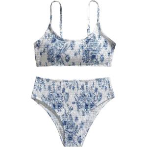 image:imageMAKEMECHIC Girls Ditsy Floral Print 2 Piece Bikini Set Scoop Neck Ruched Triangle Beach Bathing SuitBlue
