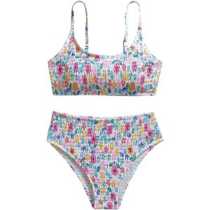 image:imageMAKEMECHIC Girls Ditsy Floral Print 2 Piece Bikini Set Scoop Neck Ruched Triangle Beach Bathing SuitMulticolor a