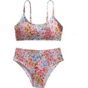 image:imageMAKEMECHIC Girls Ditsy Floral Print 2 Piece Bikini Set Scoop Neck Ruched Triangle Beach Bathing SuitOrange