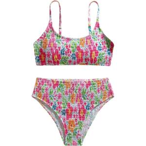 image:imageMAKEMECHIC Girls Ditsy Floral Print 2 Piece Bikini Set Scoop Neck Ruched Triangle Beach Bathing SuitPink