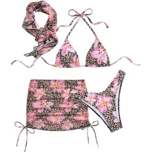image:imageMakeMeChic Womens 4 Piece Bikini Set Floral Leopard Print Halter Triangle Swimwear with Cover Up SkirtMulticolor