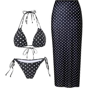 image:imageMakeMeChic Womens Bikini Sets Polka Dots Halter Tie Side Swimsuit with Beach Skirt Black and White XLarge