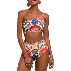 image:imageMakeMeChic Womens High Waisted Bikini Set Floral One Shoulder Boho Swimwear Bathing Suit SwimsuitMulticolor