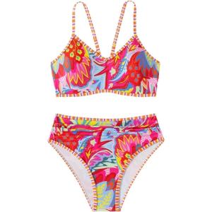 image:imageMakeMeChic Womens High Waisted Bikini Sets Bathing Suit Swimsuit Tropical Boho SwimwearRed Multi