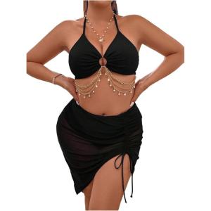 image:imageMakeMeChic Womens Plus Size 3 Piece Halter Ring Tie Backless Bikini Set with Ruched Cover Up SkirtBlack